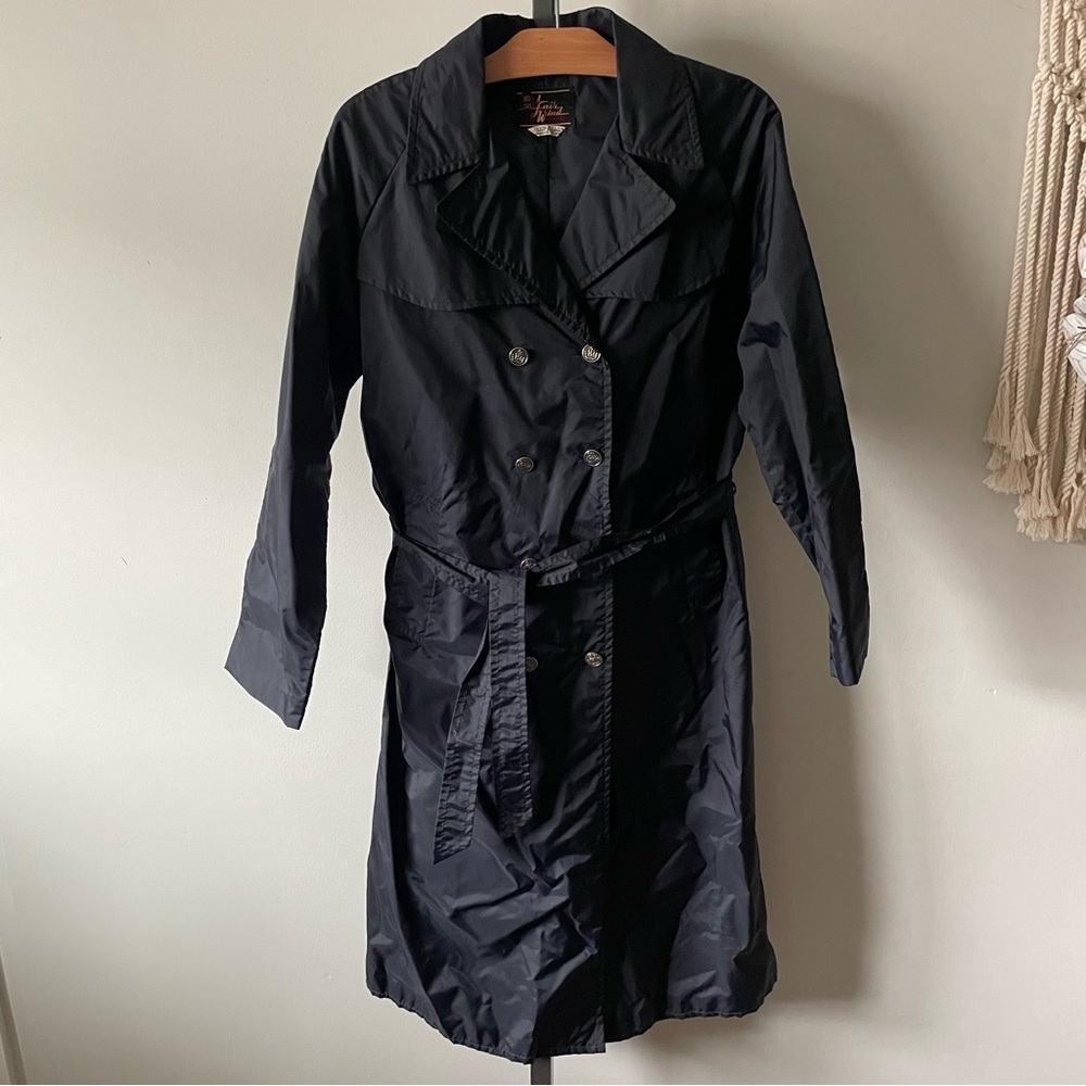 Vintage Fair Wind Windbreaker Trenxh Coat Belted Lightweight Black 80s 90s Nylon